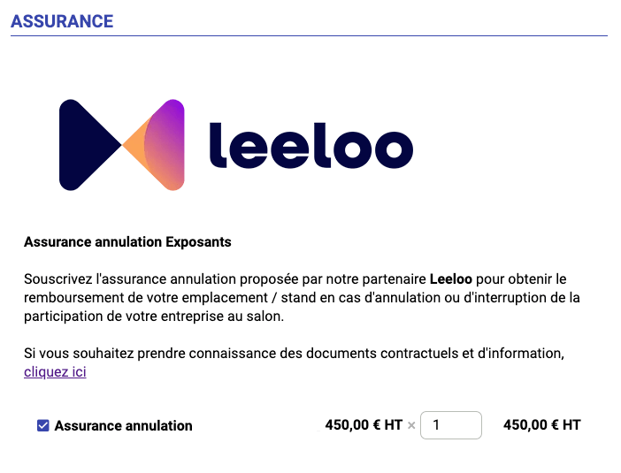 Visuel détaillé de l'apparition du service Leeloo sur le formulaire de participation. On y voit un texte descriptif ainsi qu'un prix.