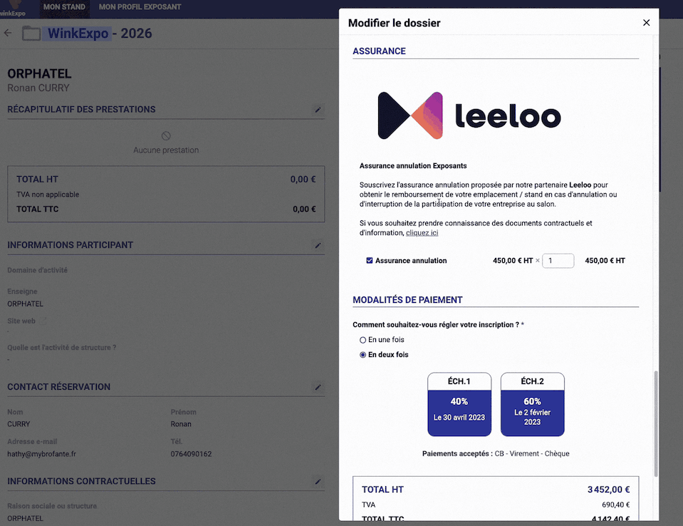 Visuel de l'intégration de l'assurance Leeloo au sein du formulaire de participation Planexpo.