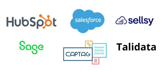 5 logos de 5 logiciels tiers avec lesquels notre outil de gestion événementiel Planexpo peut s'intégrer : Hubspot, Salesforce, Sage, Sellsy, Talidata et Captag