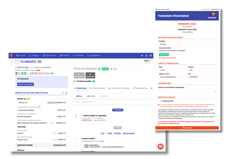 Visuels de l'espace exposant de Planexpo sur la gauche et du formulaire d'inscription sur la droite