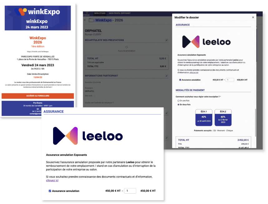 Montage de 3 visuels au sujet de l'intégration Leeloo et Planexpo. On y voit la 1ère page du formulaire d'inscription Planexpo, ainsi qu'une vue de la demande de souscription Leeloo au sein du formulaire de participation. Et un zoom du contenu Leeloo qui apparait.
