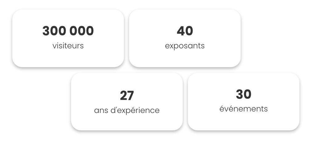 Chiffres clés mis en avant par notre client Hurricane Fise. On y voit 300 000 visiteurs, 40 exposants, 27 ans d'expérience, 30 événements