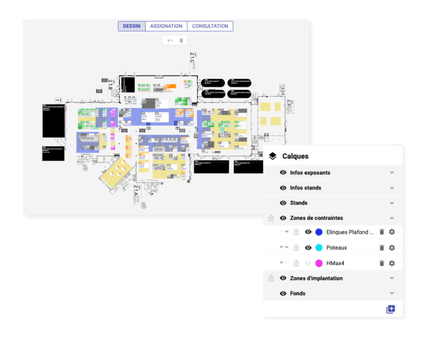 Visuel pris sur l'outil Planexpo avec un dessin de plan qui montre les différentes zones de contraintes d'installation. On voit également la modale qui permet d'afficher ou non les couleurs de ces délimitations.