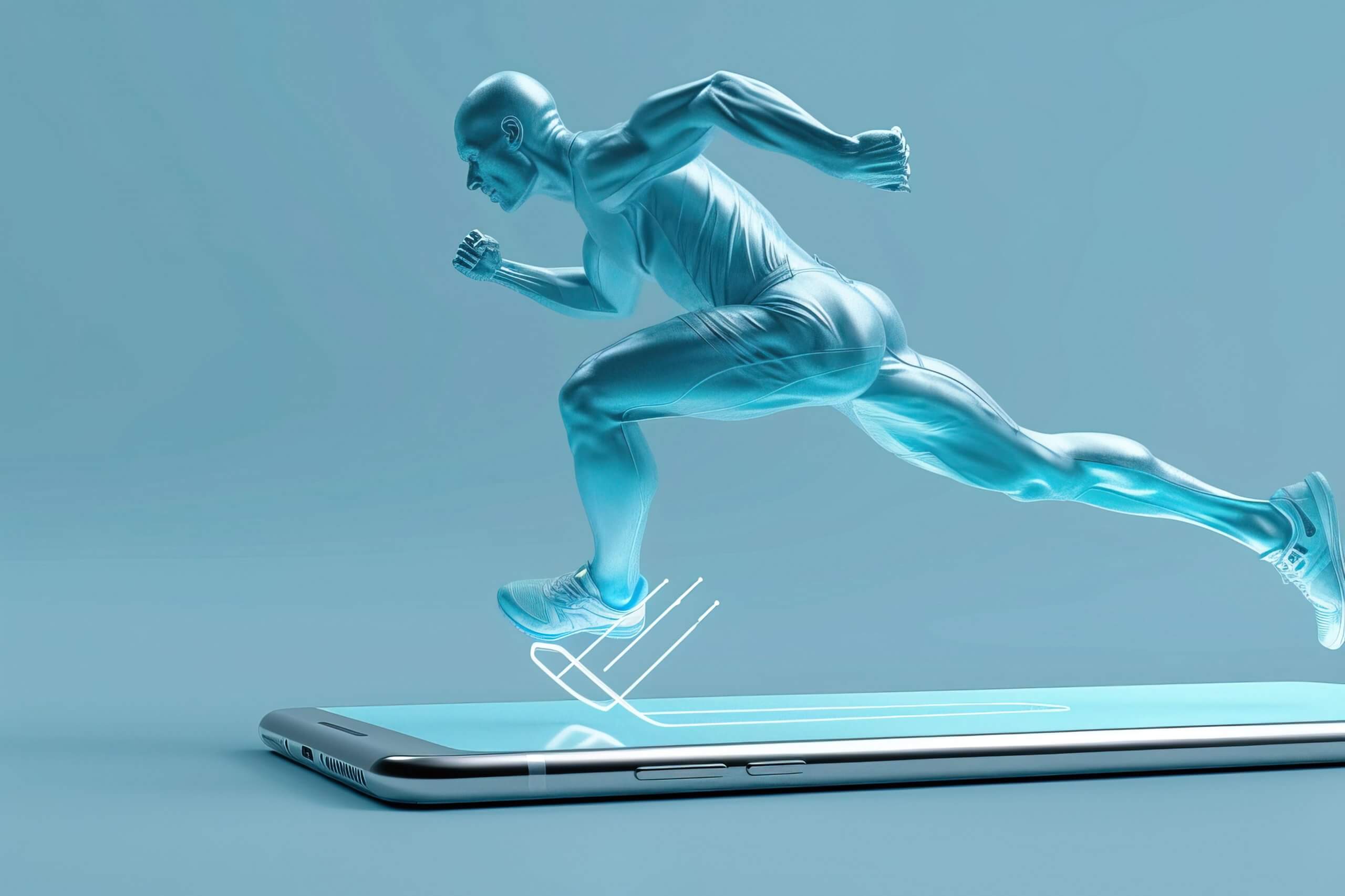Image qui représente un coureur qui court sur un téléphone. Représentation du digital dans l'événementiel sportif