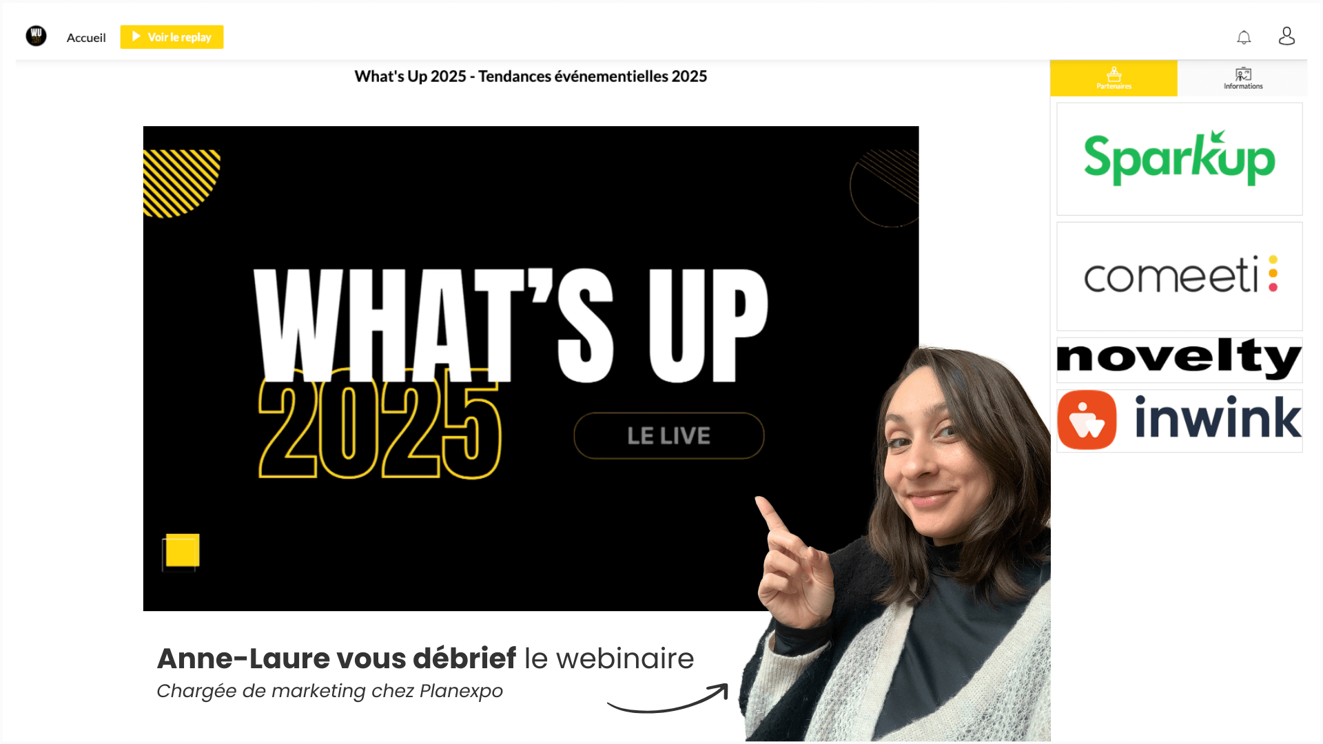 Visuel de l'article qui débrief le webinaire sur les tendances de l'événementiel 2025. On y voit en fond le visuel du webinaire "what's up 2025", les logos des partenaires et la tête d'Anne-Laure, chargée de marketing chez Planexpo