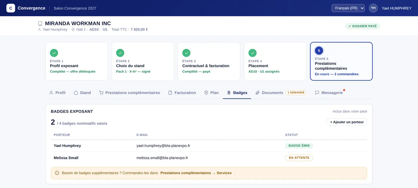 Espace exposant Planexpo : badges nominatifs prévus dans l'offre de stand, avec leur statut